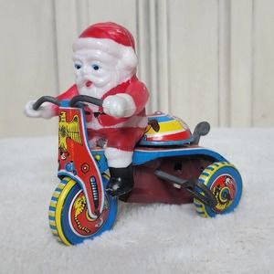 VTG Japan Mechanical WindUp Tin Celluloid Bell Toy Santa Bike Tricycle✨️WORKS